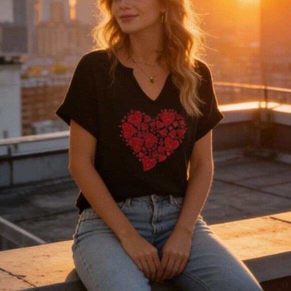 Val Boutique Tops - Women's Lover Heart Graphic V Neck Shirt Valentines Funny Couple
